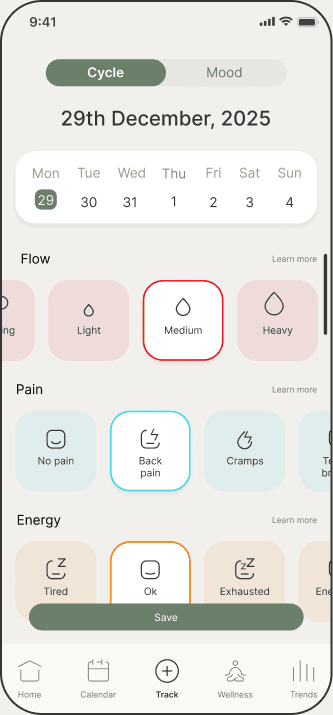 Cycle and symptom tracking screen