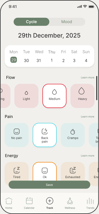 Cycle and symptom tracking screen